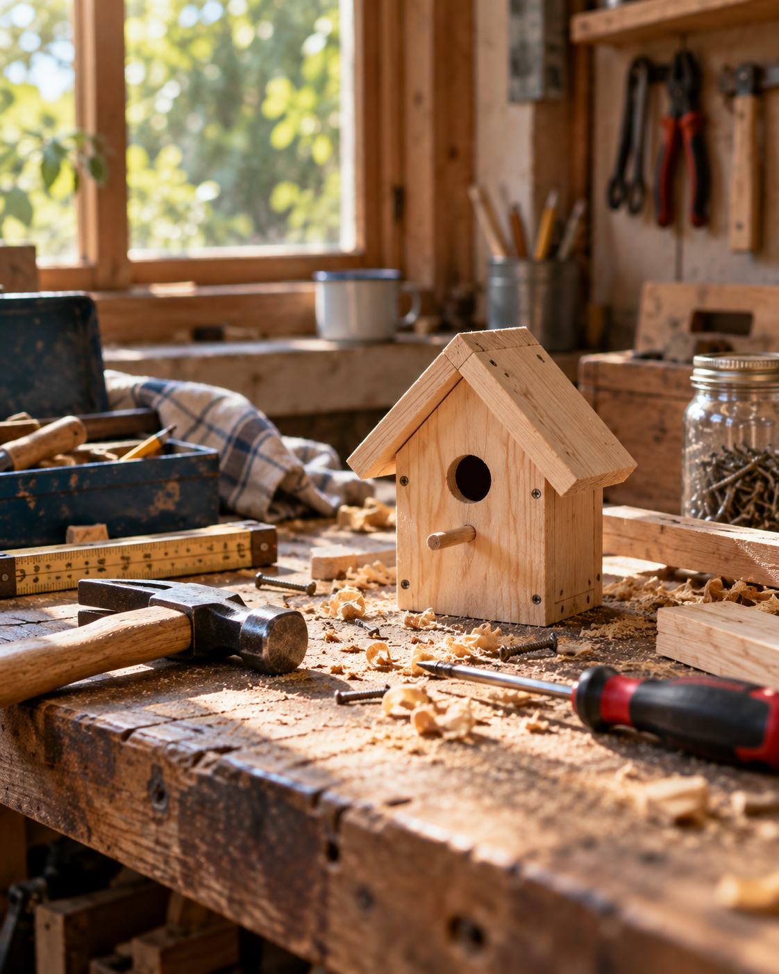 Benutzte Werkbank mit echtem Werkzeug, Holzspänen und einem kleinen selbstgebauten Vogelhäuschen