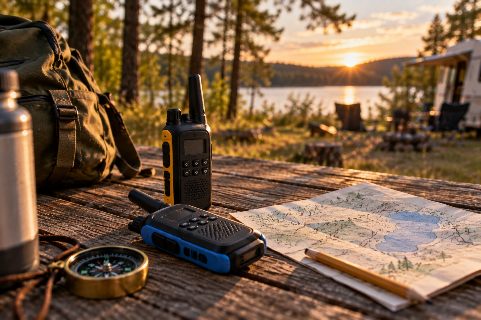 Zwei Walkie-Talkies mit Karte, Kompass und Bleistift auf einem Holztisch vor einem Campingplatz am See
