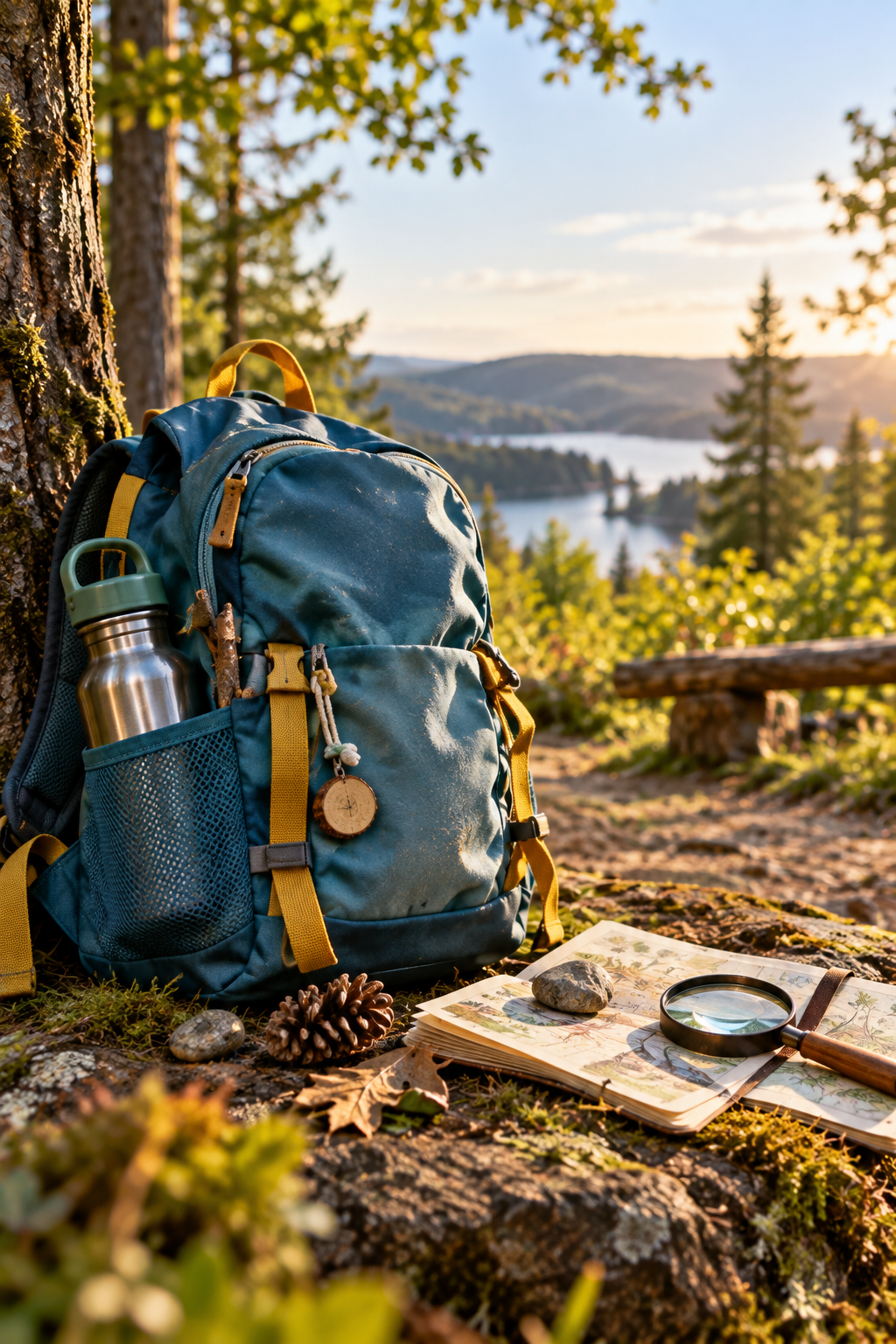 Neutraler Kinderrucksack mit Trinkflasche, Notizbuch, Lupe und Naturfundstücken an einem Waldweg mit See im Hintergrund