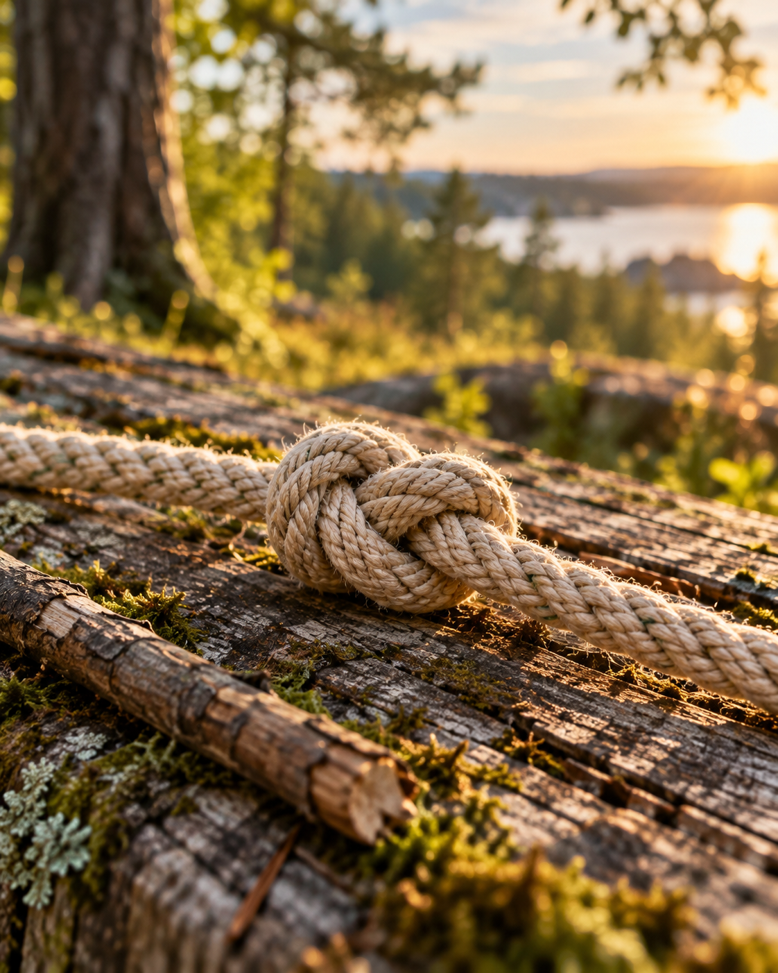 Helles Seil mit einem gebundenen Knoten auf verwittertem Holz vor einer warm beleuchteten Wald- und Seenlandschaft