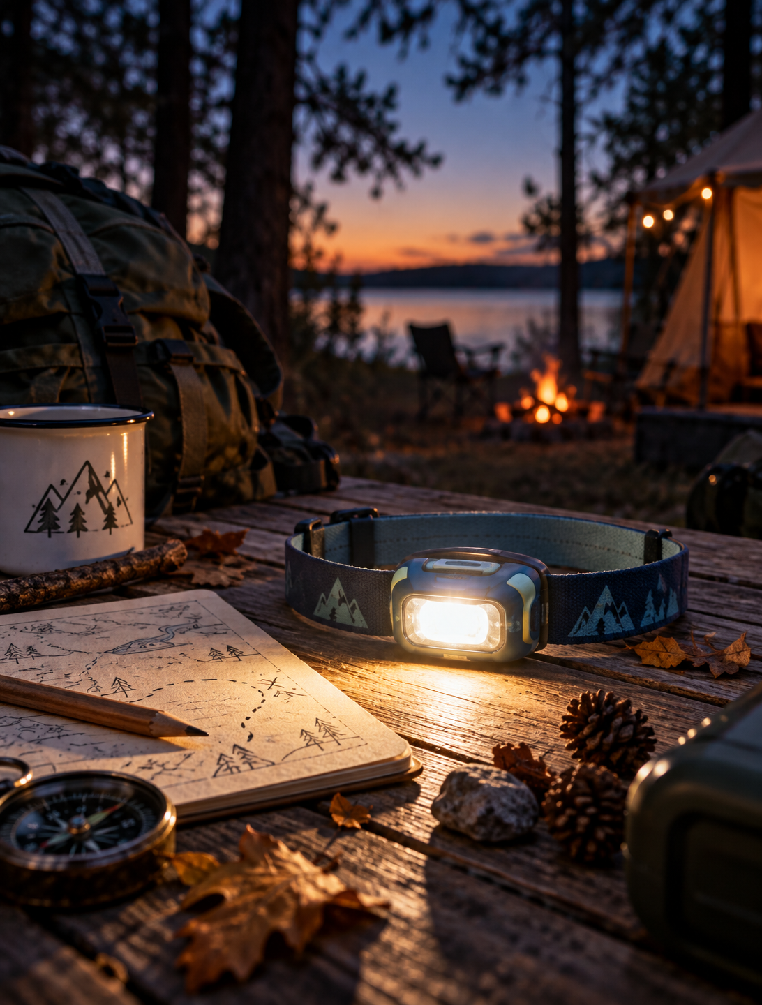 Leuchtende Stirnlampe mit Karte und Kompass auf einem Holztisch an einem Campingplatz bei Abenddämmerung