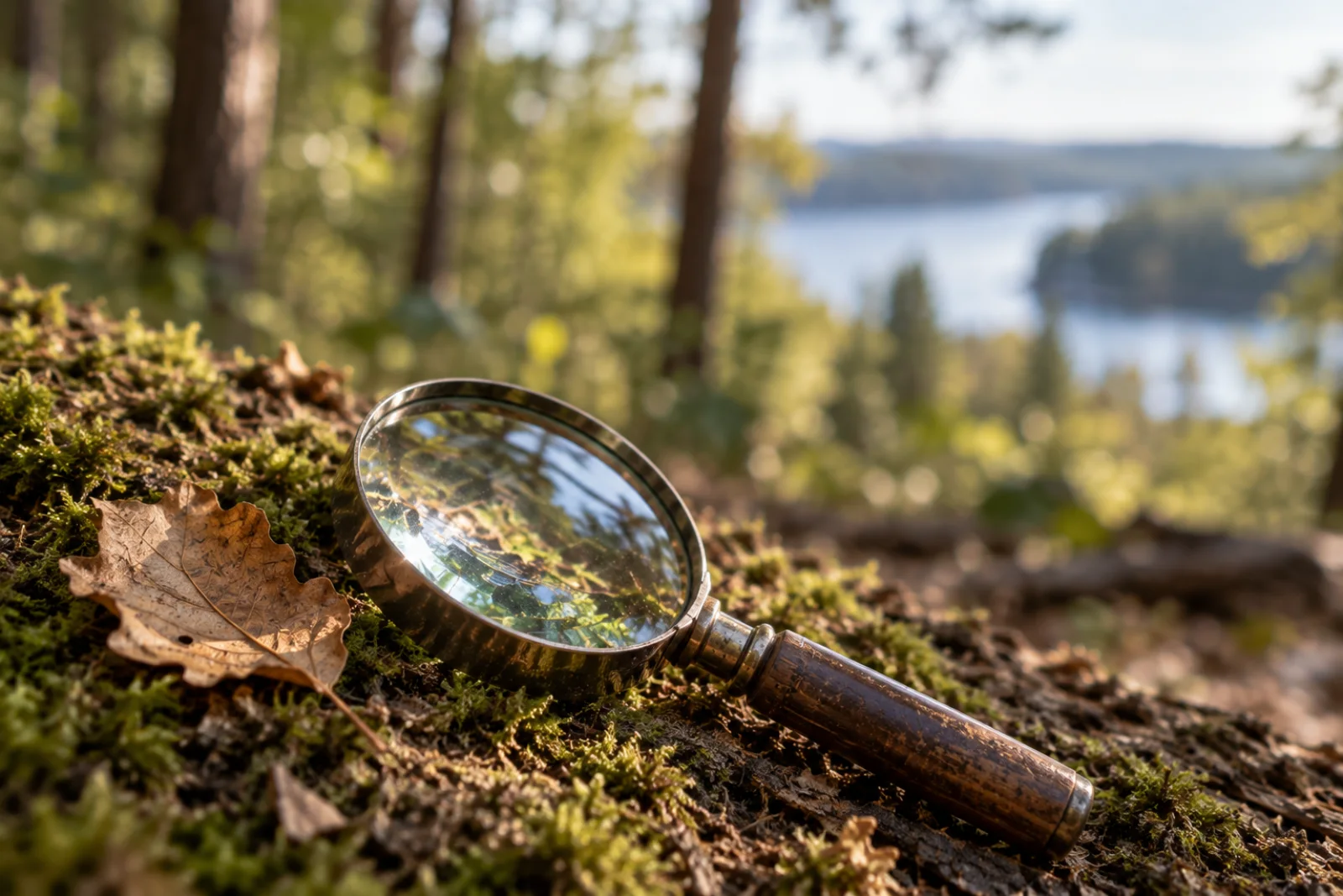 Eine Lupe liegt mit einem trockenen Blatt auf einem moosigen Baumstamm vor einem unscharfen Wald und See
