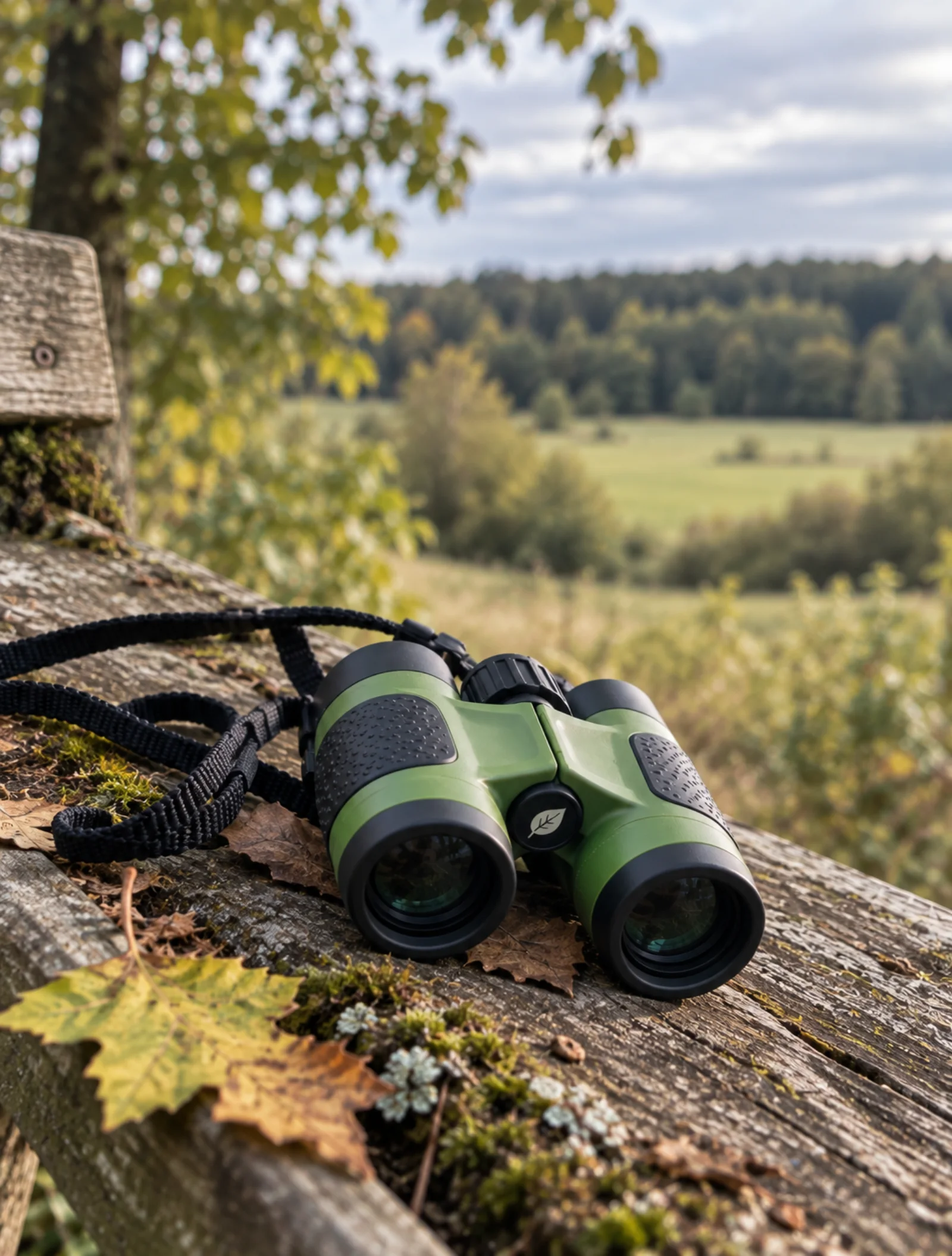 Grünes Fernglas auf einem verwitterten Holzgeländer mit Wiese und Waldrand im Hintergrund