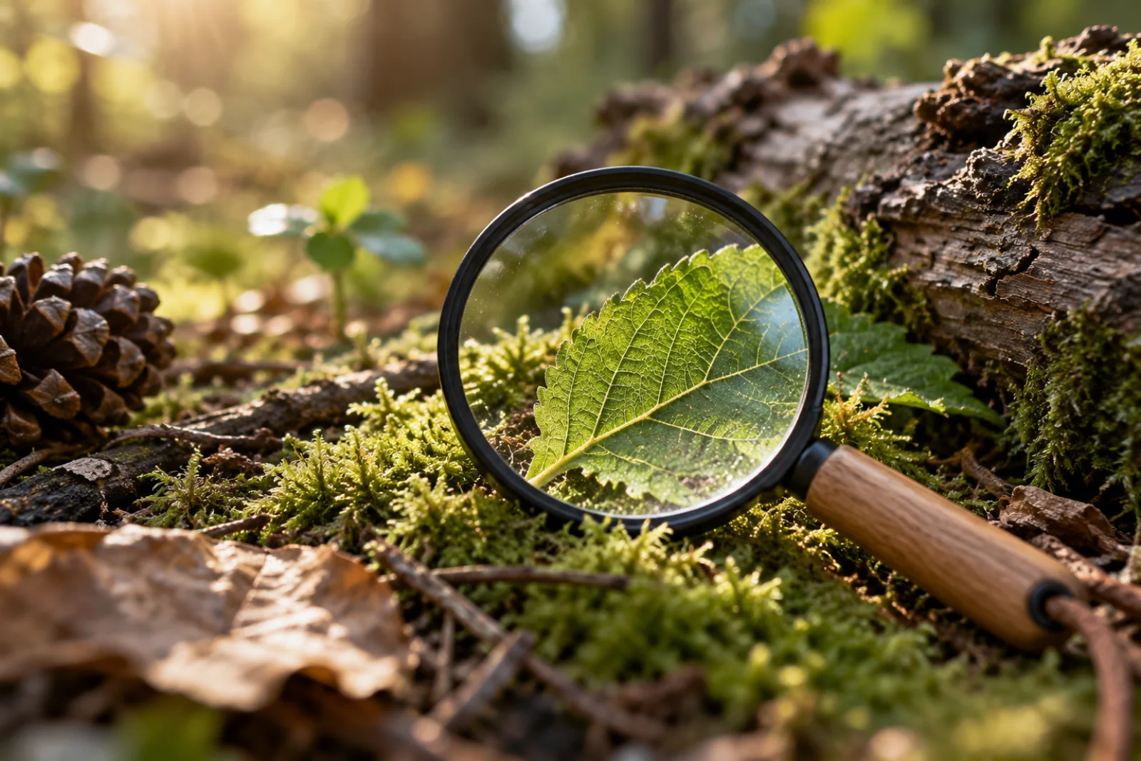 Lupe auf einem moosigen Waldboden, die die Blattadern eines grünen Blattes vergrößert
